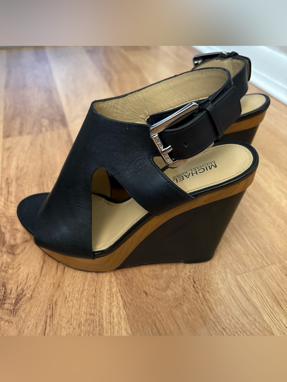 Michael Kors Black Leather Open-Toe Wedge Sandals with Buckle